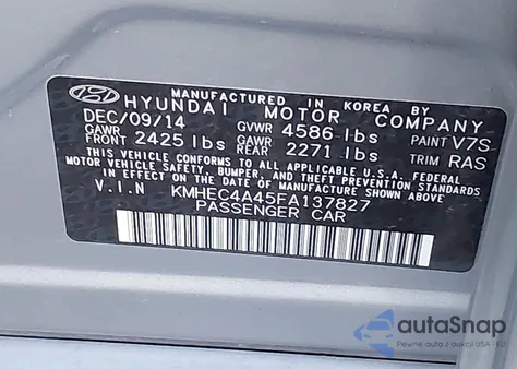 2015 Hyundai Sonata Hybrid from USA, damaged, VIN KMHEC4A45FA137827